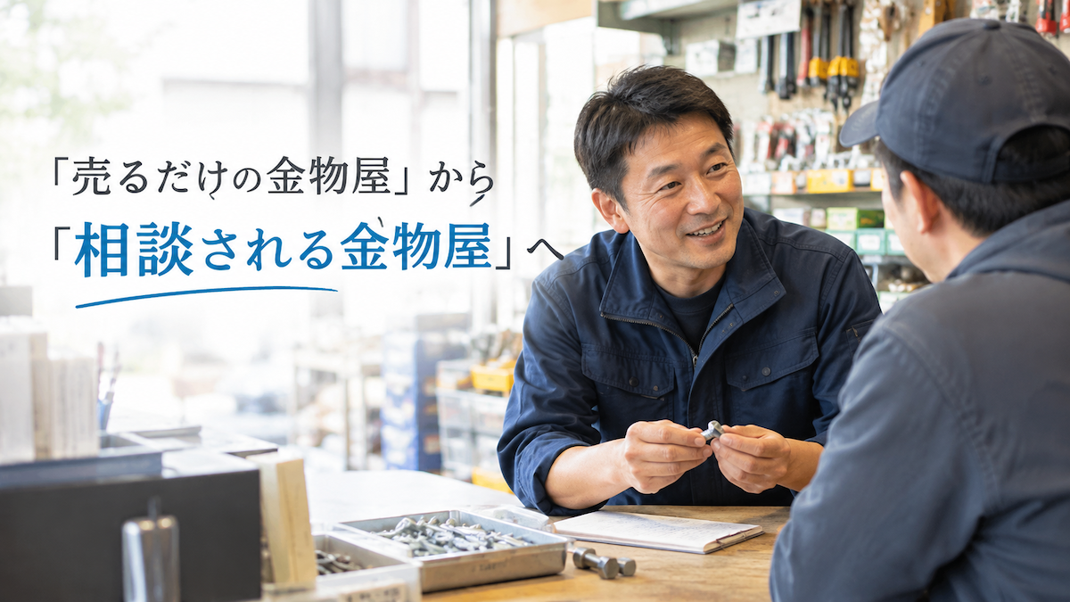 金物店のカウンターで工具や資材について相談する店主とお客様