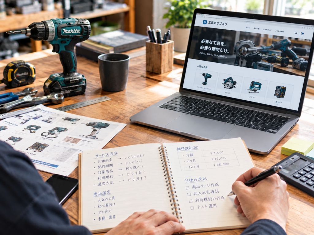 工具やノート、パソコンを使い、工具のサブスクのサービス内容や価格設定を検討する作業風景